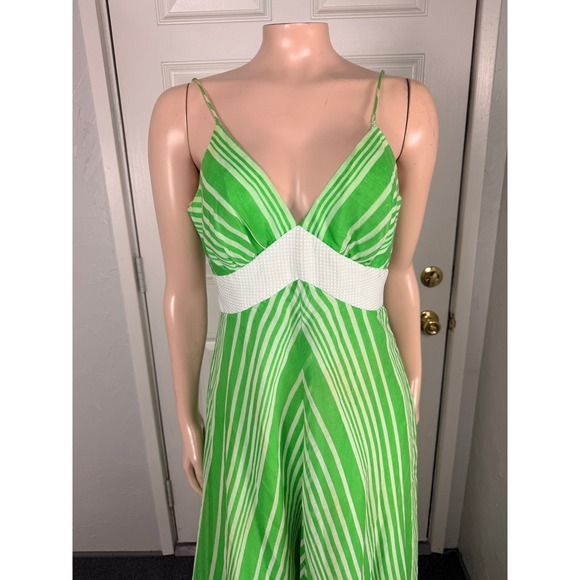 Vintage 70s Women's Dress 10 Cotton Polyester Maxi V neck Striped Party K3-21 - Picture 2 of 15